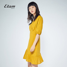 艾格Etam纯色荷叶边修身中袖连衣裙8E012208221图片