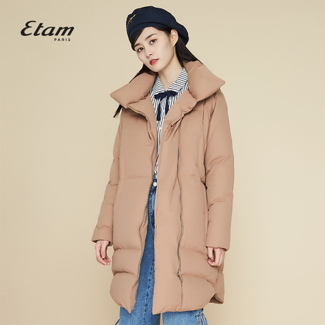 艾格Etam冬季时尚简约宽松显瘦翻领中长款羽绒服女17013501871商品大图