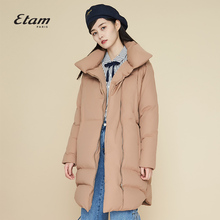 艾格Etam冬季时尚简约宽松显瘦翻领中长款羽绒服女17013501871图片