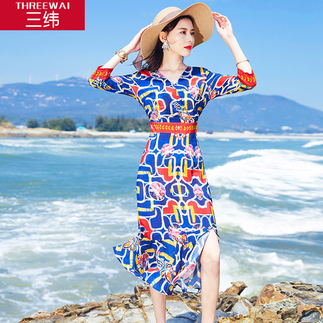 三纬2019夏季新款印花显瘦桑蚕丝长裙子女装波西米亚真丝连衣裙商品大图