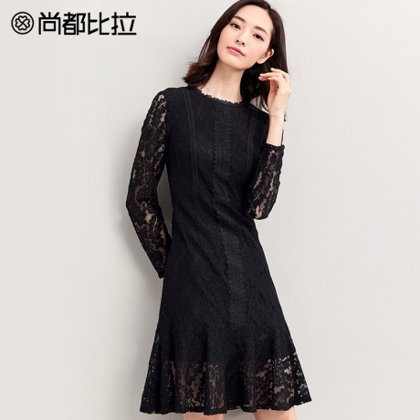 尚都比拉裙子女2018新款秋装气质荷叶边性感镂空蕾丝长袖连衣裙商品大图