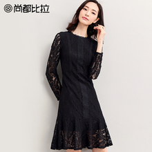 尚都比拉裙子女2018新款秋装气质荷叶边性感镂空蕾丝长袖连衣裙图片