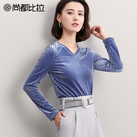 尚都比拉上衣女2018新款秋装气质V领质感丝绒简约时尚休闲长袖T恤商品大图