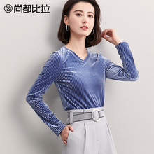 尚都比拉上衣女2018新款秋装气质V领质感丝绒简约时尚休闲长袖T恤图片