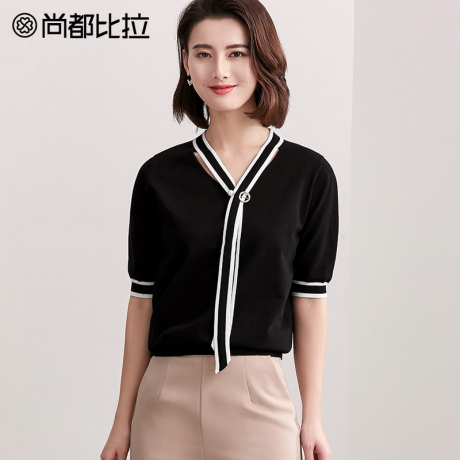 尚都比拉2018新款秋装上衣女撞色V领飘带装饰套头五分袖针织衫商品大图