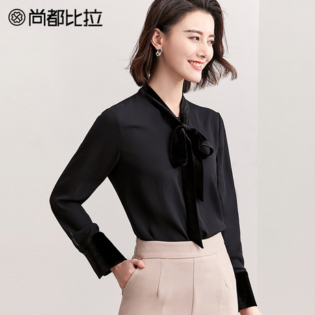 尚都比拉雪纺衫女2018新款秋装气质纯色蝴蝶领结丝绒袖口长袖衬衫商品大图