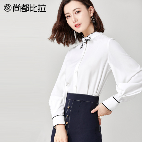 尚都比拉2018秋新款灯笼袖缝边绑带小领结简约纯色长袖雪纺衬衫女商品大图