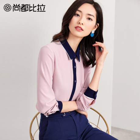 尚都比拉衬衫女2018新款秋装气质方领撞色拼接单排扣简约雪纺衫商品大图