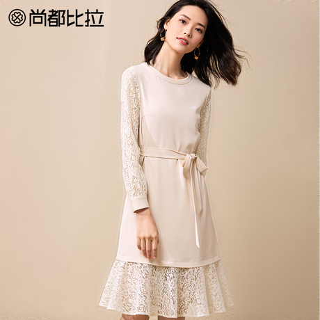 【8折价238元】秋季女裙可拆卸腰带纯色长袖复古拼接蕾丝连衣裙商品大图