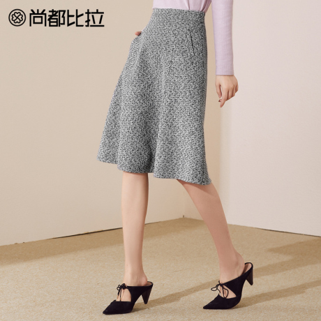 【8折价190元】尚都比拉中裙子复古千鸟格简约伞裙百搭显瘦半身裙商品大图