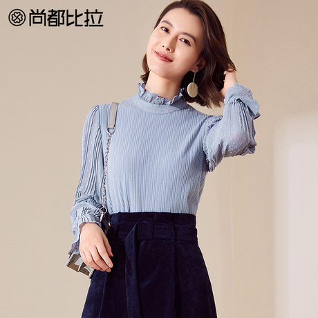 【8折价150元】尚都比拉高领木耳边拼接透视喇叭袖套头针织衬衫商品大图