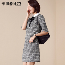 【8折价：318元】尚都比拉撞色领口系带蝴蝶结粗花呢五分袖连衣裙图片