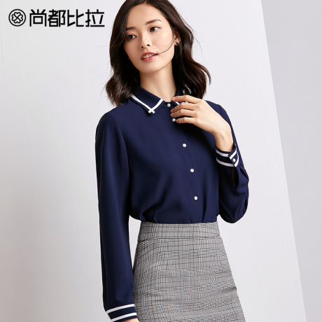 【8折价190元】尚都比拉撞色边英伦风上衣女时尚OL长袖雪纺衬衫商品大图