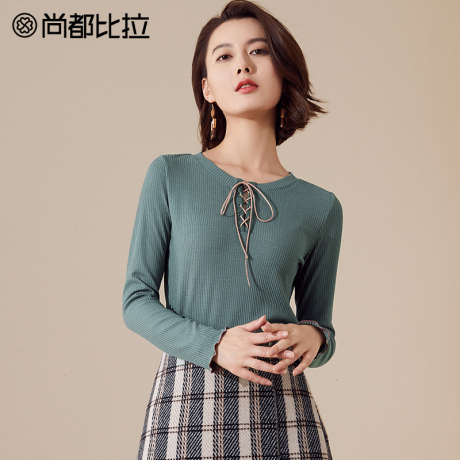 【8折价：103元】尚都比拉波浪边绑带交叉纯色显瘦针织套头T恤女商品大图