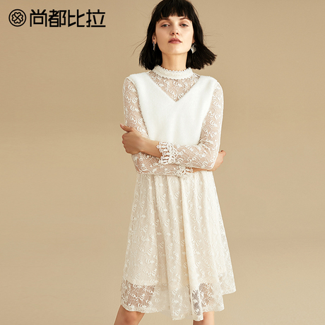 【8折价230元】尚都比拉透视半高领松紧高腰纯色质感棉蕾丝连衣裙商品大图