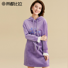 【8折价214元】尚都比拉刺绣丝绒抽绳连帽拼接雪纺袖口卫衣连衣裙图片