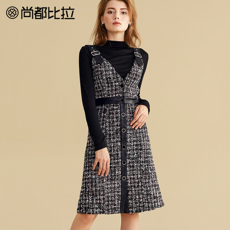 【8折价286元】尚都比拉显瘦V领时尚拼接格子粗花呢背带连衣裙女商品大图