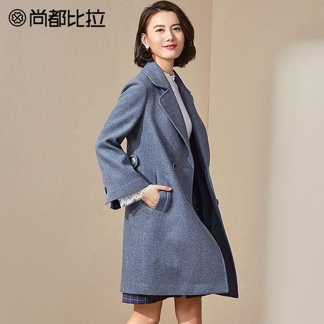 【8折价478元】尚都比拉中长款呢子大衣气质翻领喇叭袖羊毛呢外套商品大图