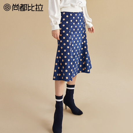 【8折价134元】尚都比拉复古波点印花裙A字裙百搭韩版中长半身裙商品大图