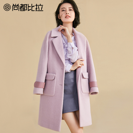 尚都比拉2018冬季新款拼色袖大口袋呢子大衣韩版中长款羊毛呢外套商品大图