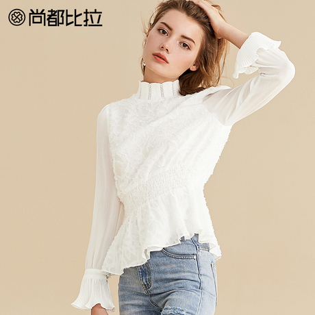 【双11预售】尚都比拉韩版收腰显瘦荷叶边提花压褶纯色优雅雪纺衫商品大图