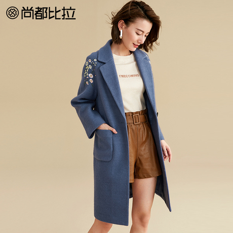 【双11预售】尚都比拉优雅西装领刺绣一粒扣插肩袖纯色毛呢外套女商品大图