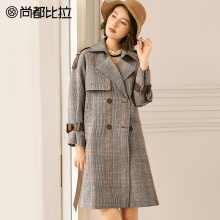 【8折价398元】尚都比拉复古格子韩版中长款呢子大衣毛呢外套女士图片