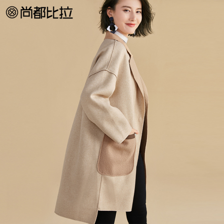 【8折价398元】尚都比拉时尚拼接色块韩版双面呢子大衣毛呢外套女商品大图