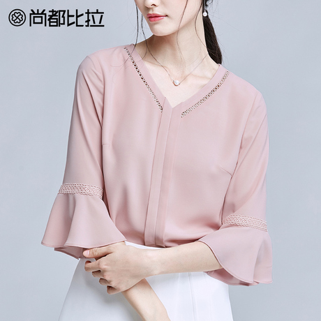 尚都比拉2018秋喇叭袖洋气小衫女气质纯色v领上衣女五分袖雪纺衫商品大图