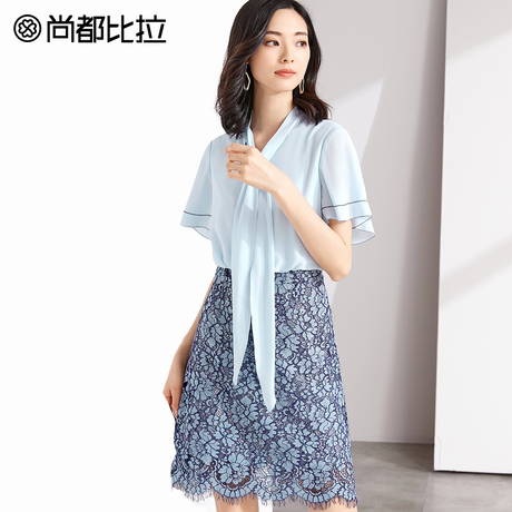 【惠】荷叶袖系带假两件连衣裙轻柔淑女仙女裙子夏季显瘦蕾丝裙商品大图