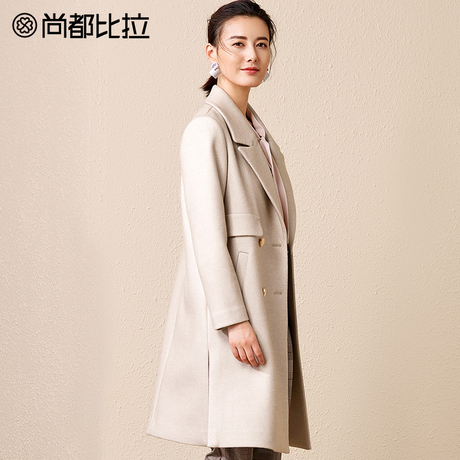 尚都比拉2018秋冬季新气质西装领双排扣高开叉显瘦中长款毛呢外套商品大图