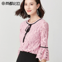 尚都比拉欧货小衫2018秋圆领系带蝴蝶结女士上衣七分喇叭袖蕾丝衫图片