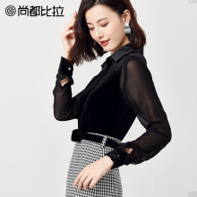 尚都比拉上衣女2018新款秋装气质丝绒时尚拼接透视长袖雪纺衬衫图片