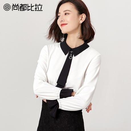 尚都比拉雪纺衫长袖女2018新款秋季撞色方领飘带荷叶袖ol女上衣商品大图