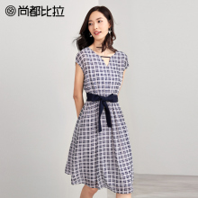 【惠】中长款裙子女夏收腰显瘦a字裙撞色复古格子雪纺连衣裙图片