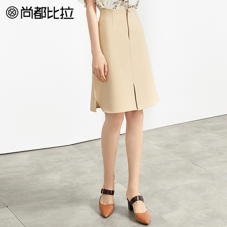 尚都比拉简约开叉短裙女2018秋通勤轻熟纯色不规则裙摆a字半身裙商品大图