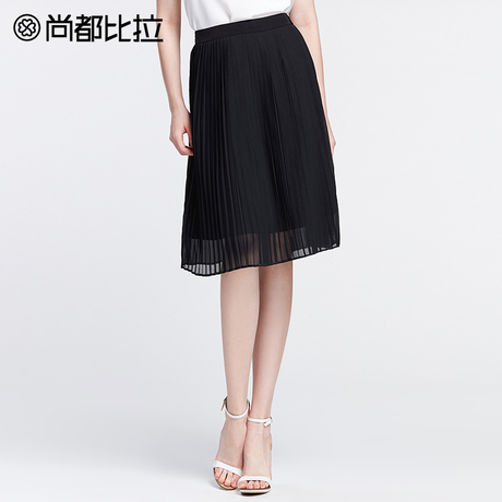 【惠】时尚百褶裙气质淑女中裙子女夏2018新款纯色雪纺半身裙商品大图