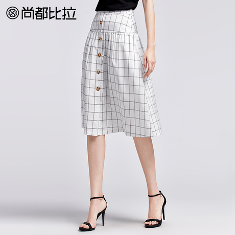 【惠】2018简约短裙轻熟a字裙子女夏新款中长款复古格子半身裙商品大图