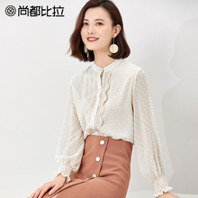 尚都比拉2018新款秋装复古宫廷气质淑女花苞袖时尚提花雪纺衬衫图片