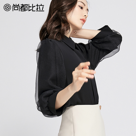 尚都比拉新款秋装女上衣气质翻领黑色纯色显瘦七分泡泡袖网纱衬衫商品大图