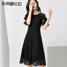 尚都比拉2018秋季新品轻熟中长裙宽松荷叶边短袖黑色蕾丝连衣裙女图片