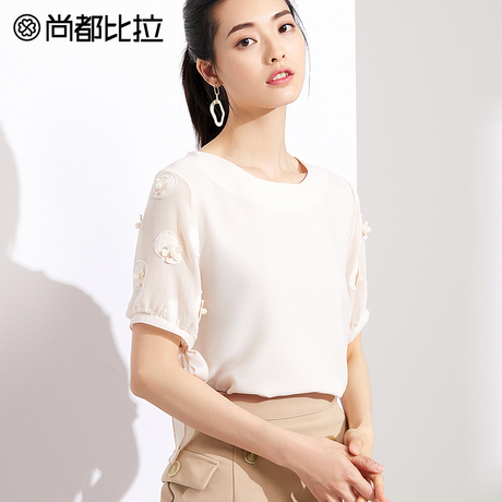 【惠】2018夏季新款圆领蝴蝶结短袖女上衣简约时尚遮肚子雪纺衫商品大图