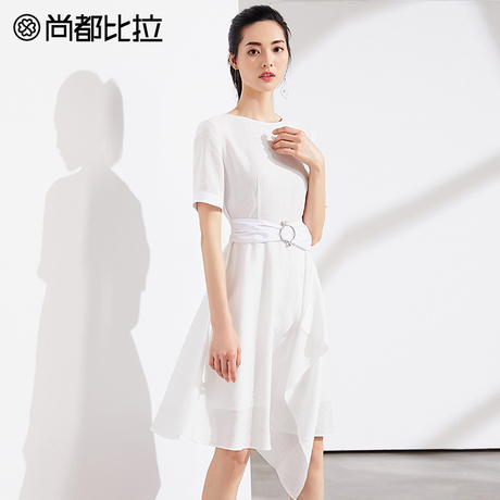 尚都比拉2018不规则裙摆冷淡风连衣裙圆领短袖极简通勤中长款裙商品大图