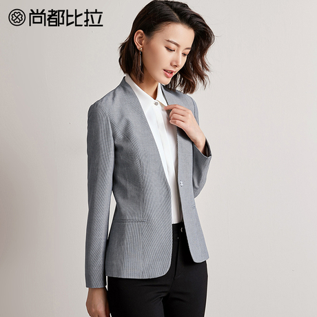 【8折价214元】秋装气质V领纯色百搭修身长袖短款女士西装外套商品大图