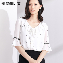 【惠】荷叶边系带V领印花雪纺五分袖喇叭袖女夏通勤上衣2018款图片
