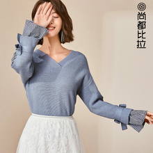 尚都比拉2018新款秋装显瘦V领复古格子拼接喇叭袖蝴蝶结毛针织衫图片