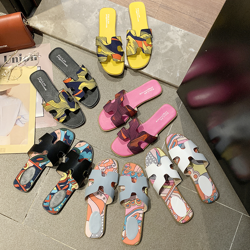 网红凉拖女夏外穿2019新款时尚百搭糖果色h拖鞋女平底一字沙滩鞋