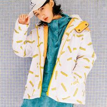 onino原创自制炸毛猫系列 印花连帽棉衣插袋中长款加厚夹棉棉服女