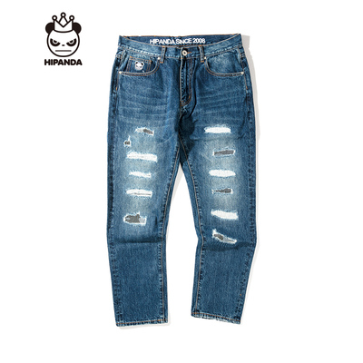 HIPANDA 你好熊猫 设计潮牌 新品 男款 破洞牛仔休闲裤