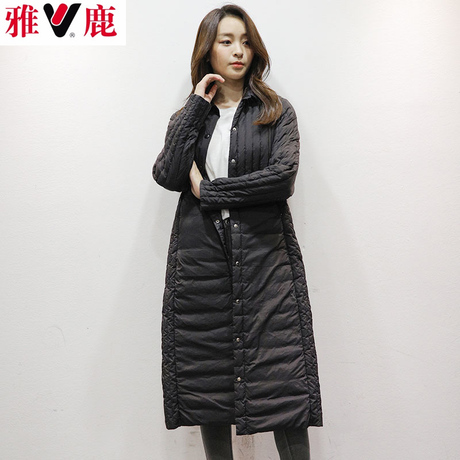雅鹿品牌冬装新 韩版宽松加长款羽绒服女 轻薄衬衫翻领单排扣大衣商品大图
